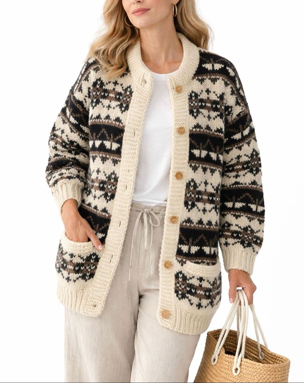 Vintage Nepal 100% Wool Fair Isle Hand Knit Cardigan Sweater L